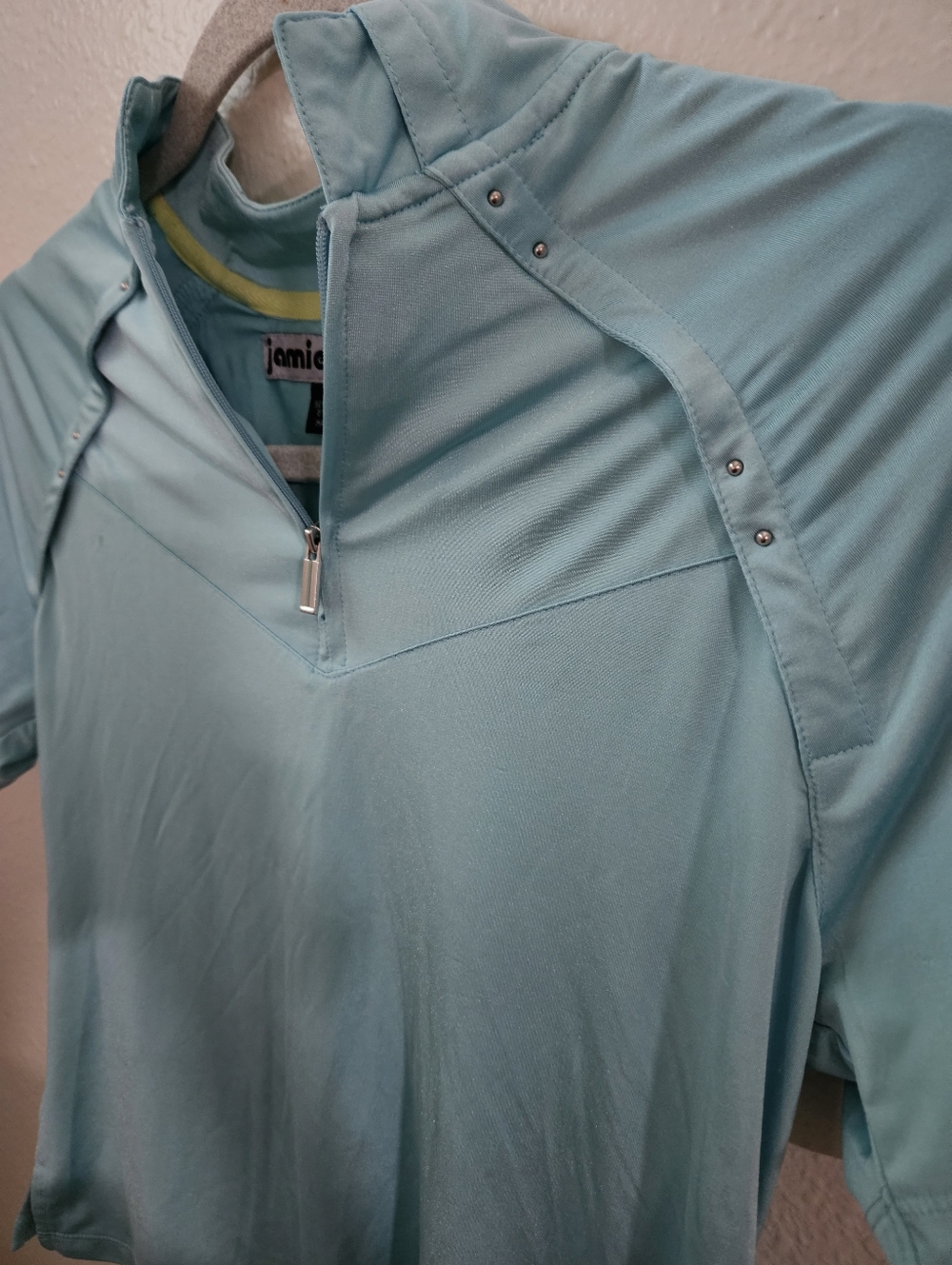 Jamie Sadock Skinnylicious Golf Top | Aqua Blue 1/4 Zip Short Sleeve w/ Silver S
